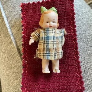 Vintage Doll with Plaid Dress and Green Bow
